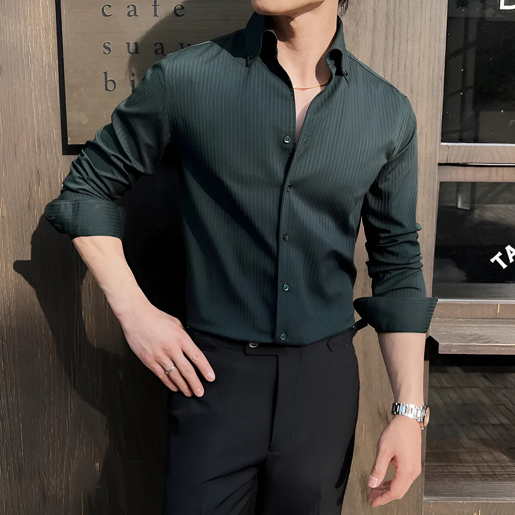 Men's dark striped V-neck long sleeve shirt in polyester blend fabric