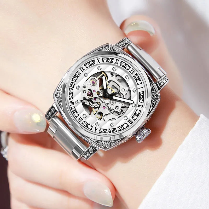 Mechanical luminous waterproof watch with leather strap in multiple colour options
