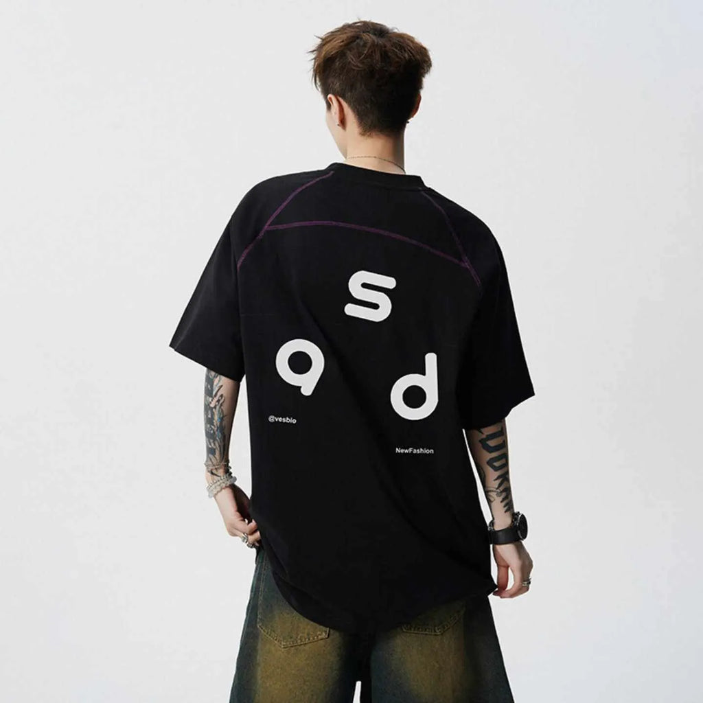 Cotton loose fit short-sleeve T-shirt with letter print on front, shown in black colour