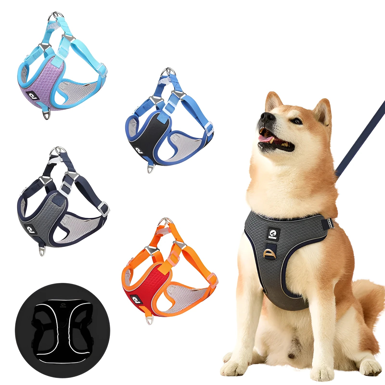 Adjustable breathable mesh dog harness with reflective piping in black, red, gray, or light purple