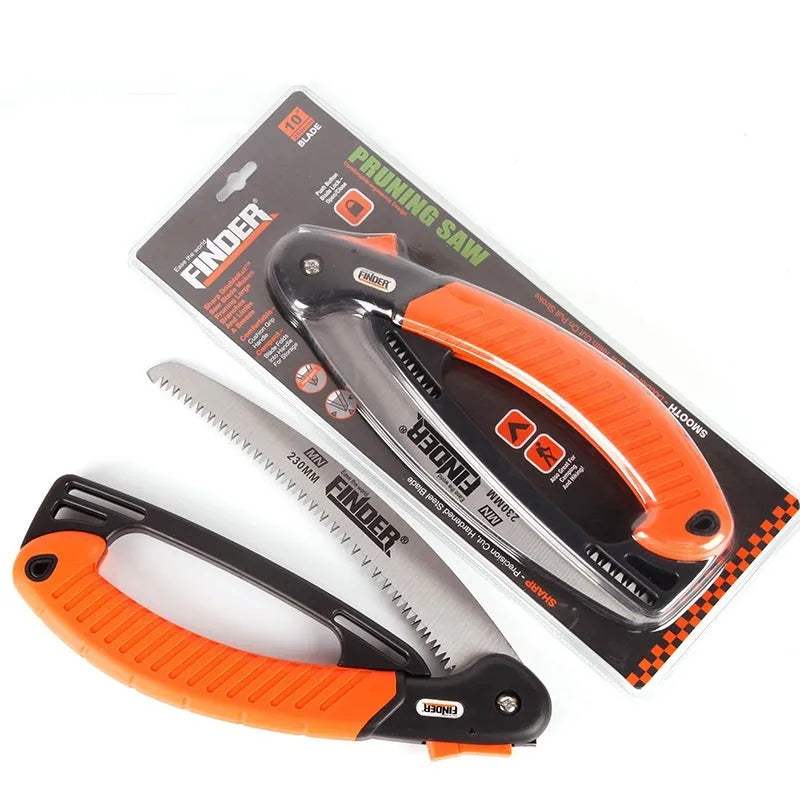 Garden folding saw with 9-inch 65MN steel blade and TPR grip shown in open position