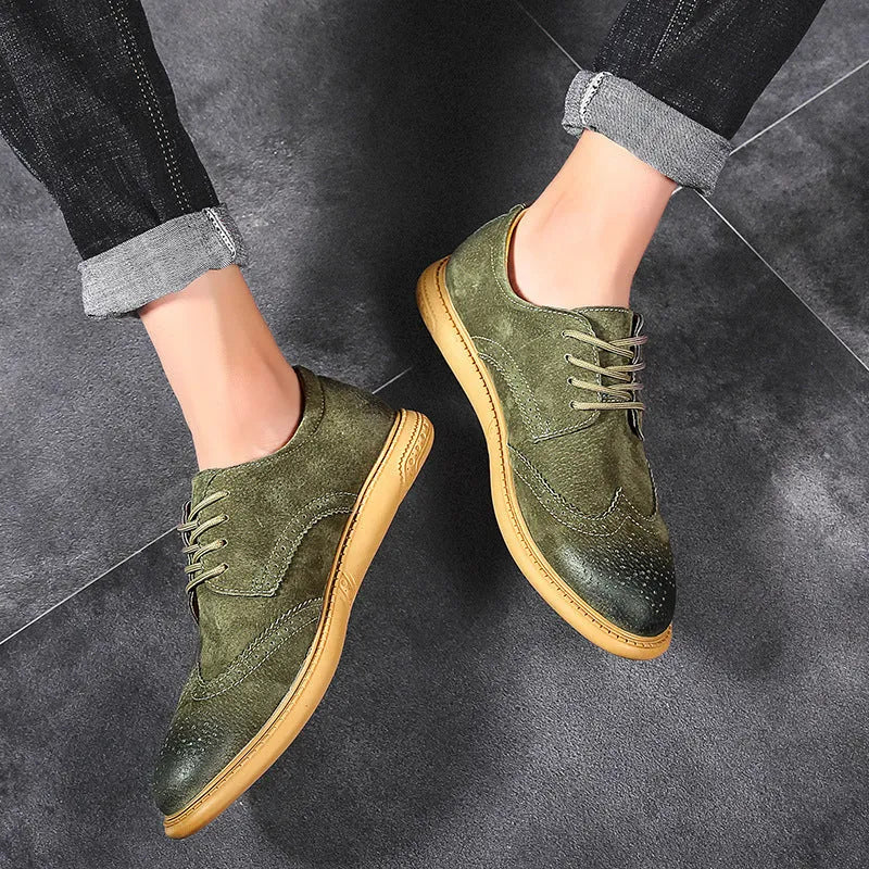 Men's genuine leather business shoes with lace-up design in black, gray, green, and sand colours