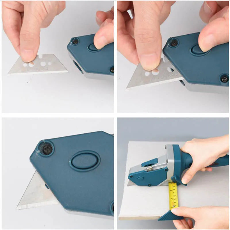 Blue aluminium and TPR plastic multifunctional woodworking cutter with measuring scale.