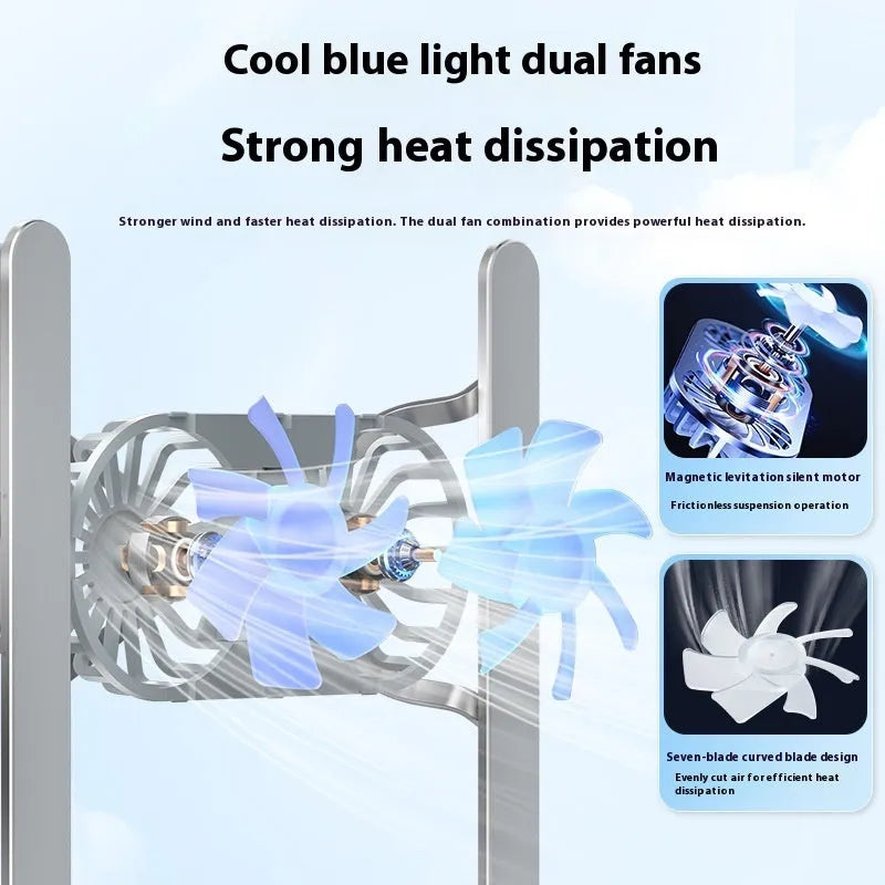 Silver aluminium laptop cooling stand with twin fans in folded position beside cloth carrying bag