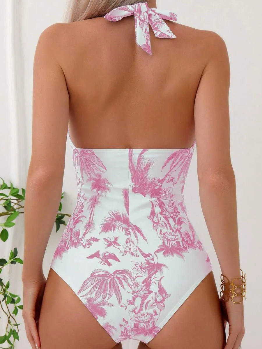 Women's printed V-neck one-piece swimsuit in multiple colour options