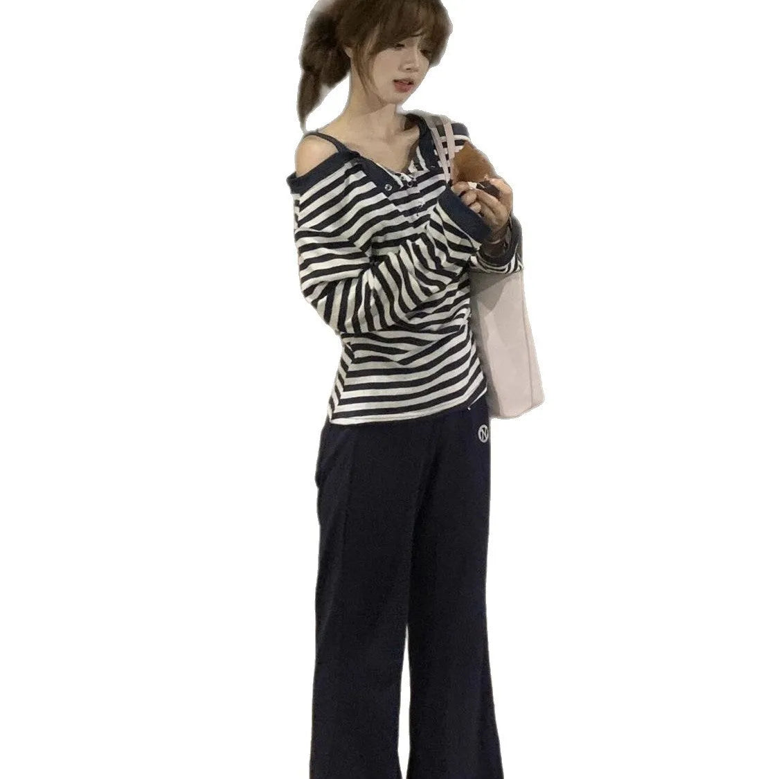 Dark blue striped women's oversized t-shirt with embroidery and button details