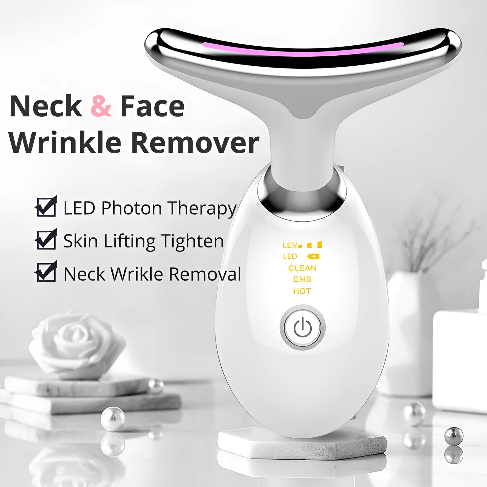 White EMS thermal neck lifting massager device with three-colour LED lights on a grey background.