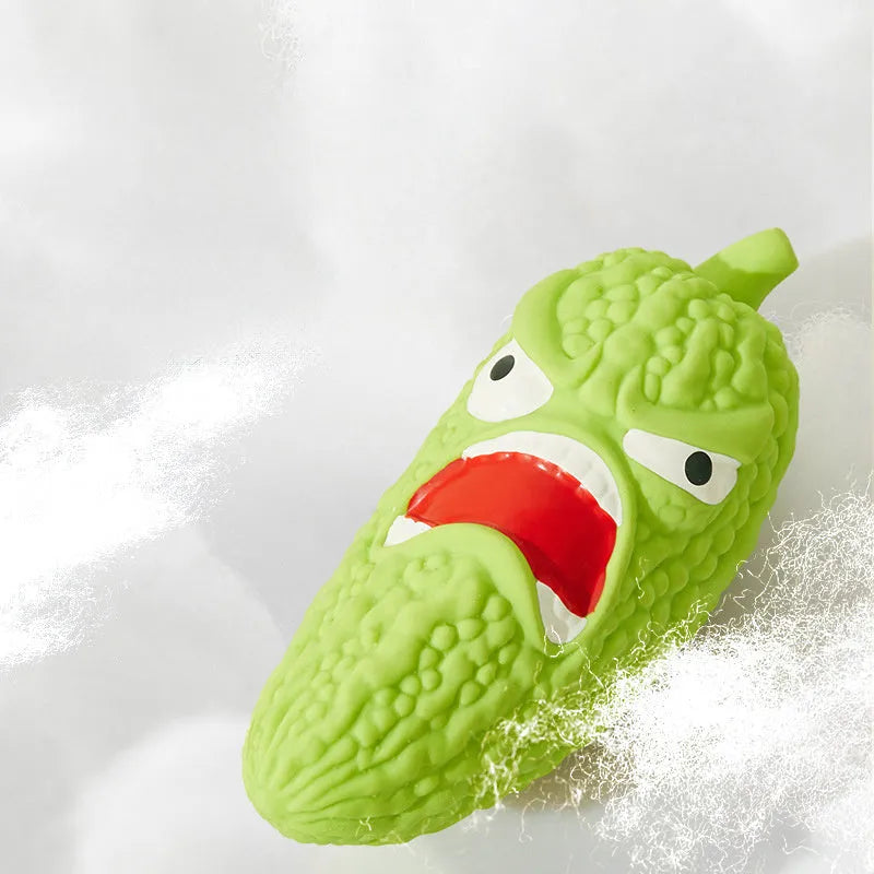 Bitter melon or chilli shaped dog chew toy with textured surface for teeth cleaning and integrated sound element