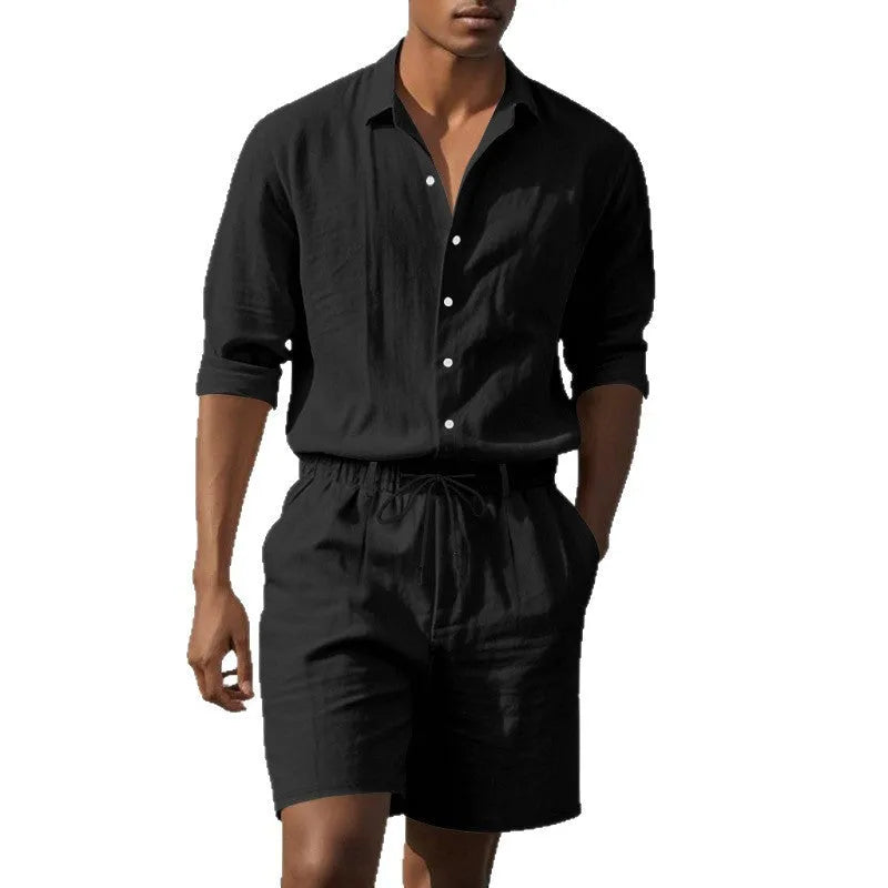 Men's linen long sleeve shirt and shorts beach suit set on a hanger, shown in a light blue colour.