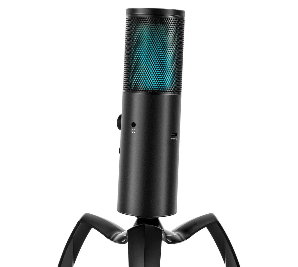 Black Q18 bidirectional USB condenser microphone with RGB lighting on rotating tripod stand