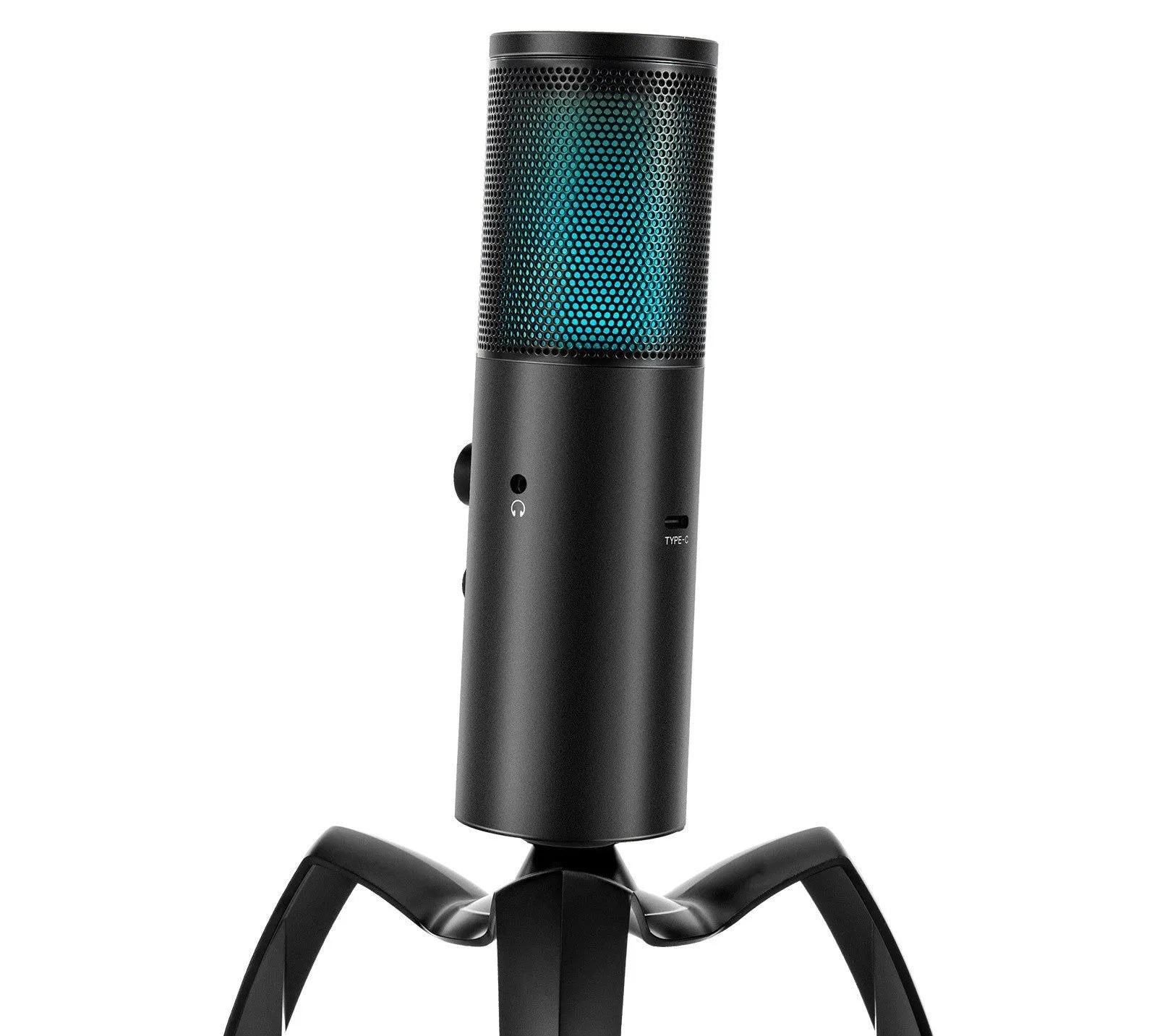 Black Q18 bidirectional USB condenser microphone with RGB lighting on rotating tripod stand