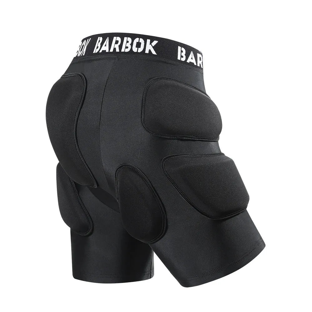 Black sports hip protector with NBR foam padding on spandex base for skating and skiing safety