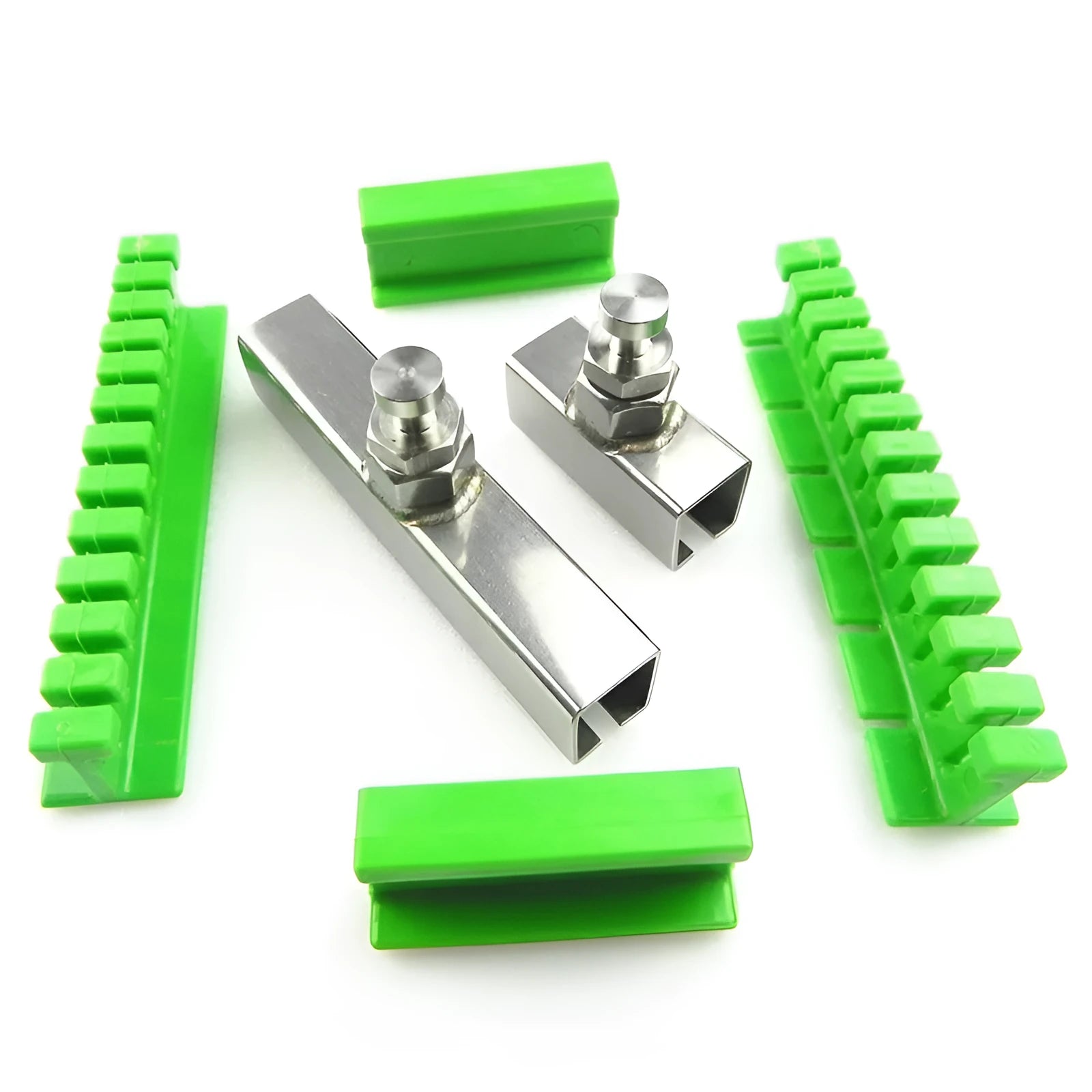 Car dent repair tool set with green adhesive labels and aluminium alloy supports on a workbench