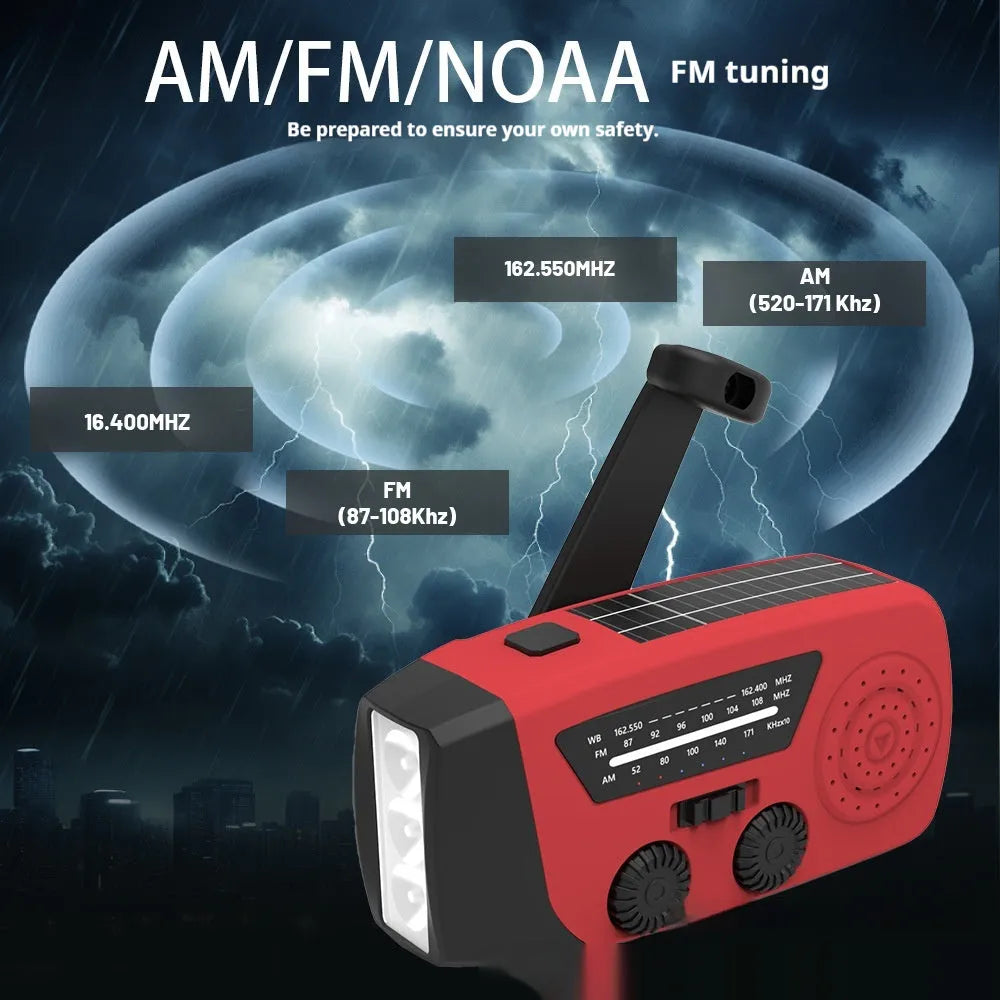 Red rechargeable emergency hand radio and torch with wrist strap and Type-C charging cable