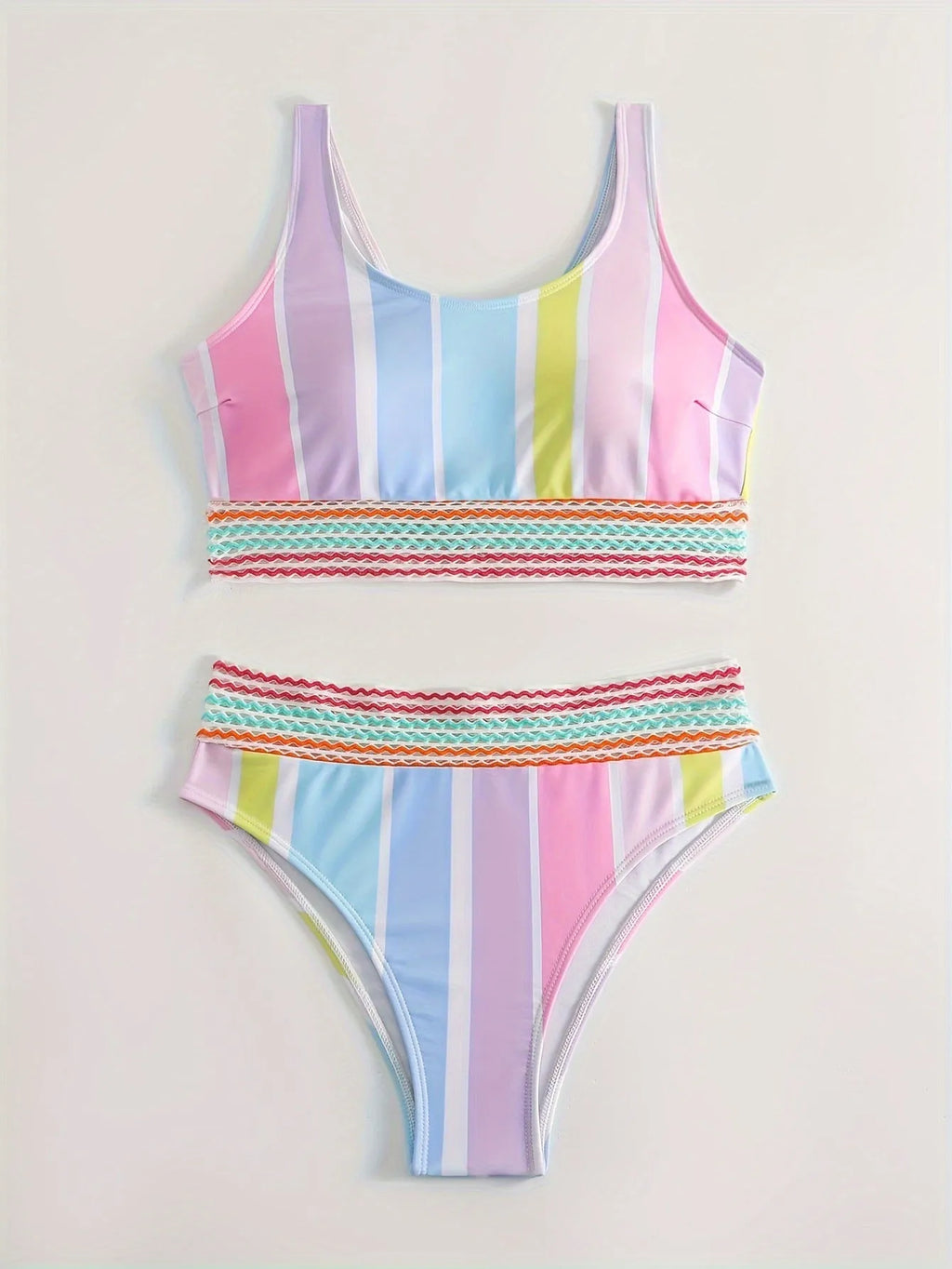 Women's striped sport bikini set with briefs style top and pants for swimming.
