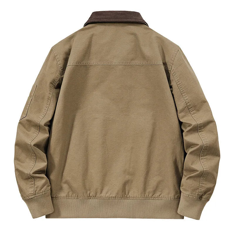Men's plus size washed cotton baseball flight jacket in army green.