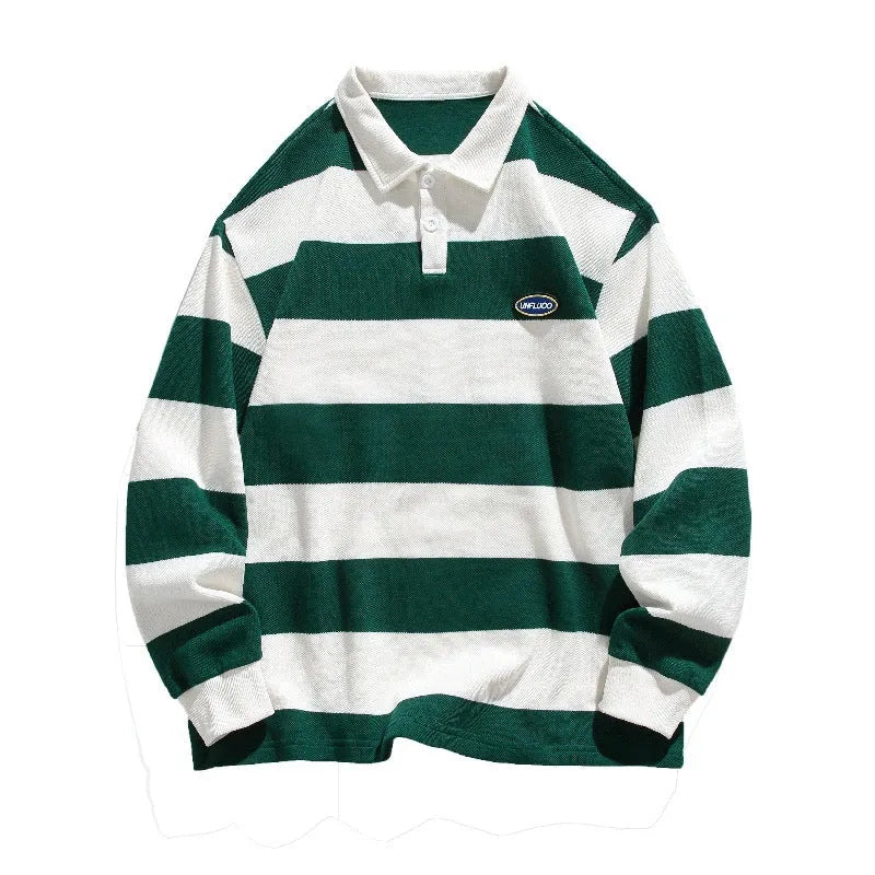 Hong Kong style pearl cotton polo shirt with striped collar in sapphire blue, wheat green, and coffee colours