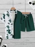 Men's 3D printed Hawaiian pattern short sleeve shirt and matching shorts casual suit set.