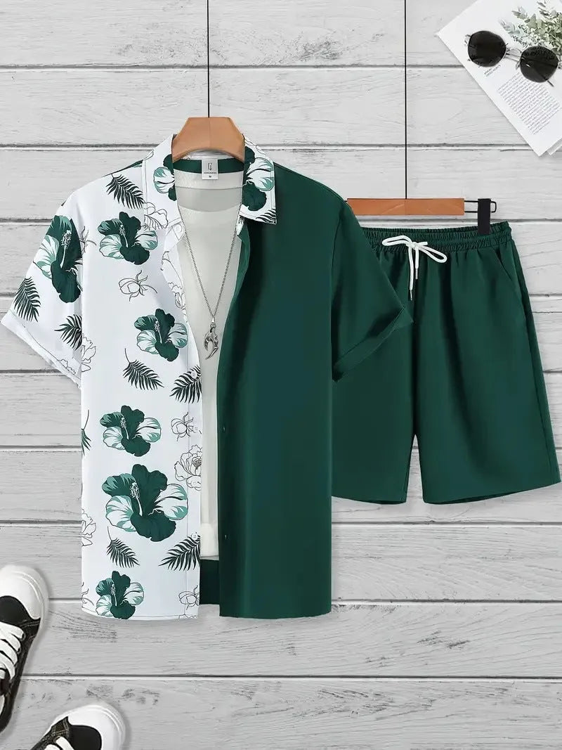 Men's 3D printed Hawaiian pattern short sleeve shirt and matching shorts casual suit set.