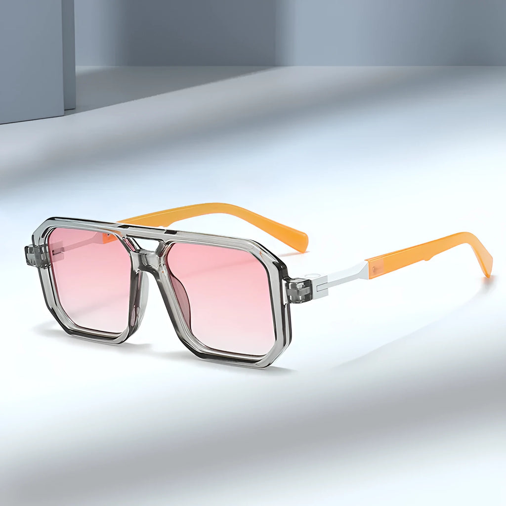 Retro double beam pilot sunglasses shown in a selection of colours including black frame with grey lenses and leopard print.