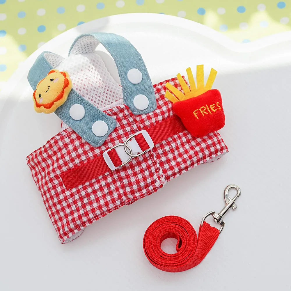 Frog cat harness and lead rope set in cotton, sized XS-XL, with frog green plaid and french fries red plaid options.