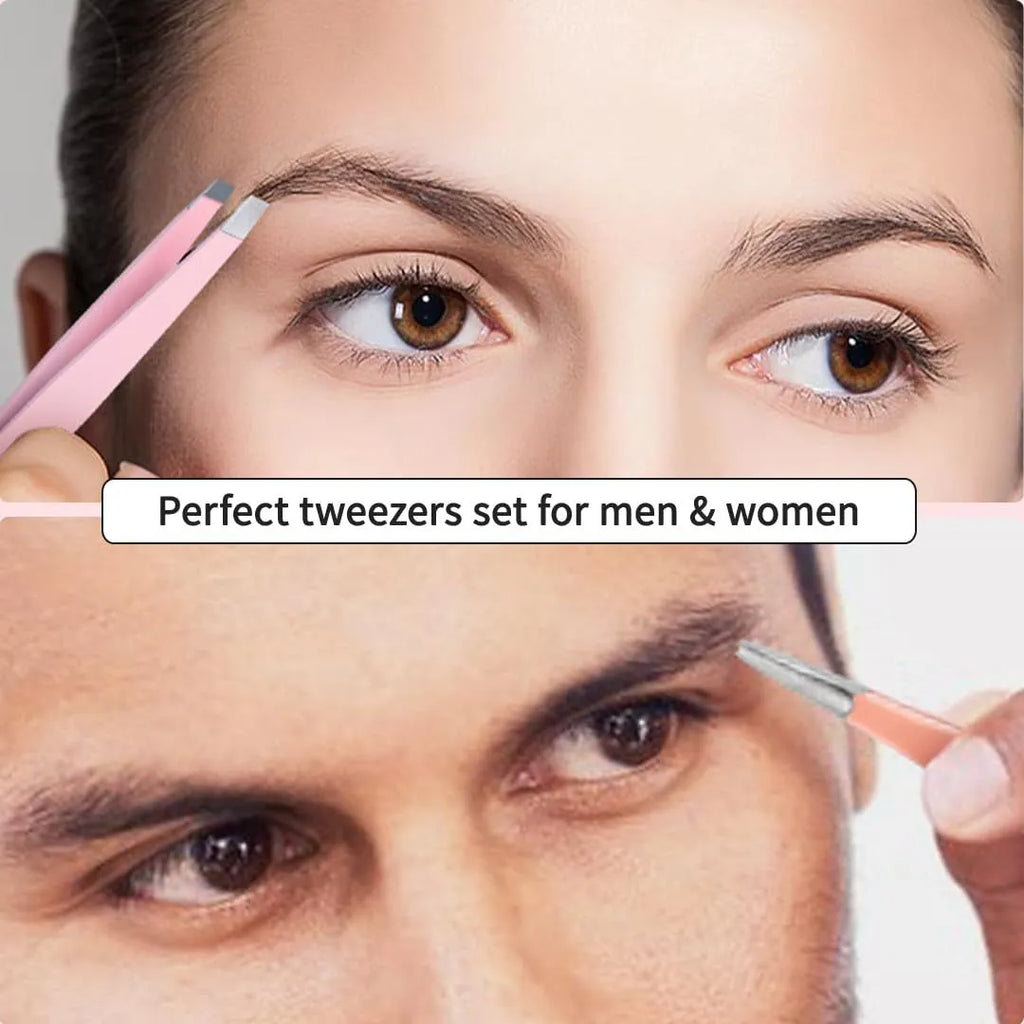 Professional 6-piece stainless steel eyebrow tweezer set with curved scissors and leather case