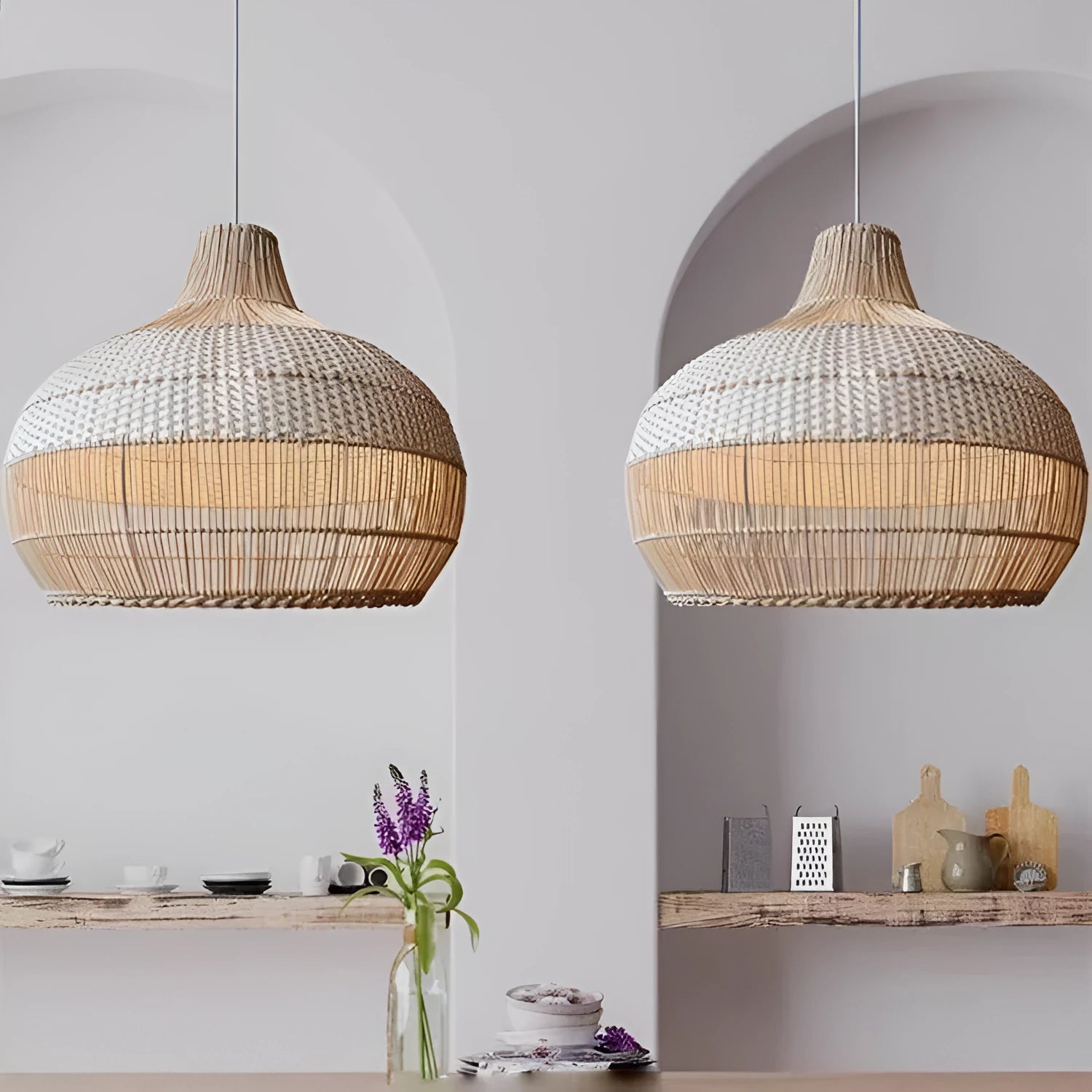 Handwoven rattan ceiling chandelier with pastoral Southeast Asian design, 60cm diameter.