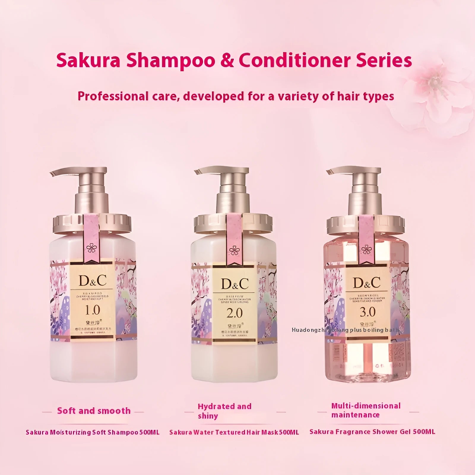 Sakura shampoo and conditioner 500ml bottles set with cherry blossom scent.