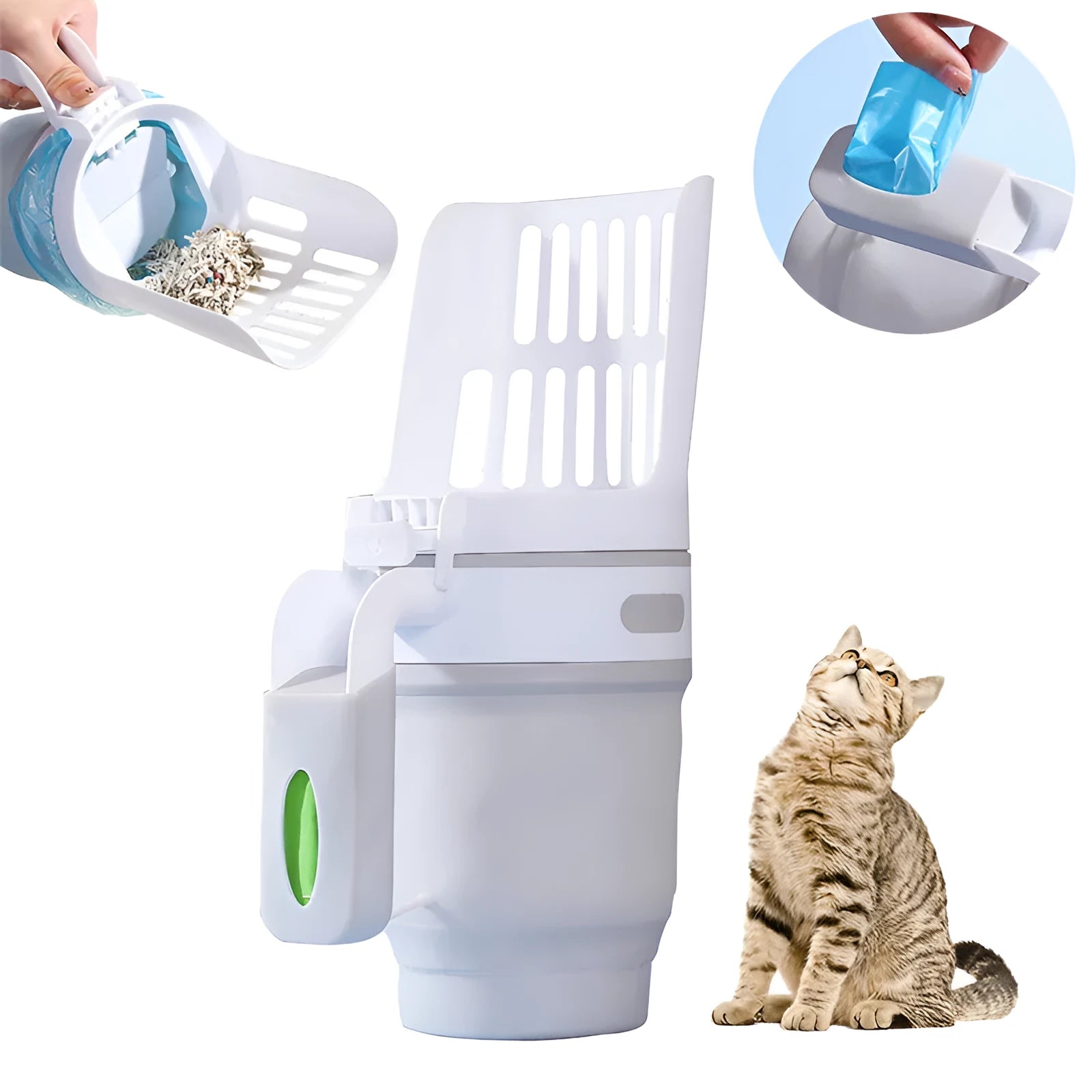 Grey, blue, and green self-cleaning cat litter scoop with attached waste collection bin in folded and unfolded positions