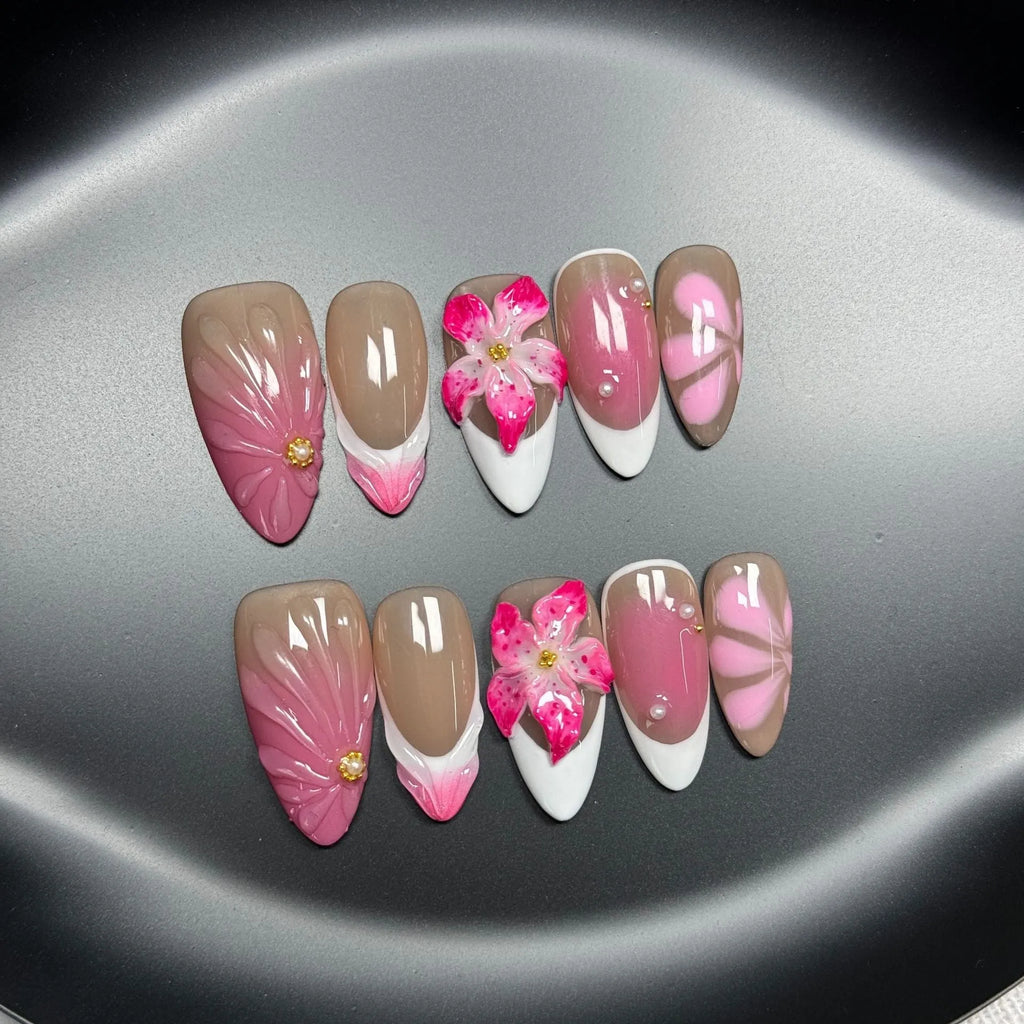 French style artificial nails with 3D Lily Fluid Ice Flower design in almond shape.