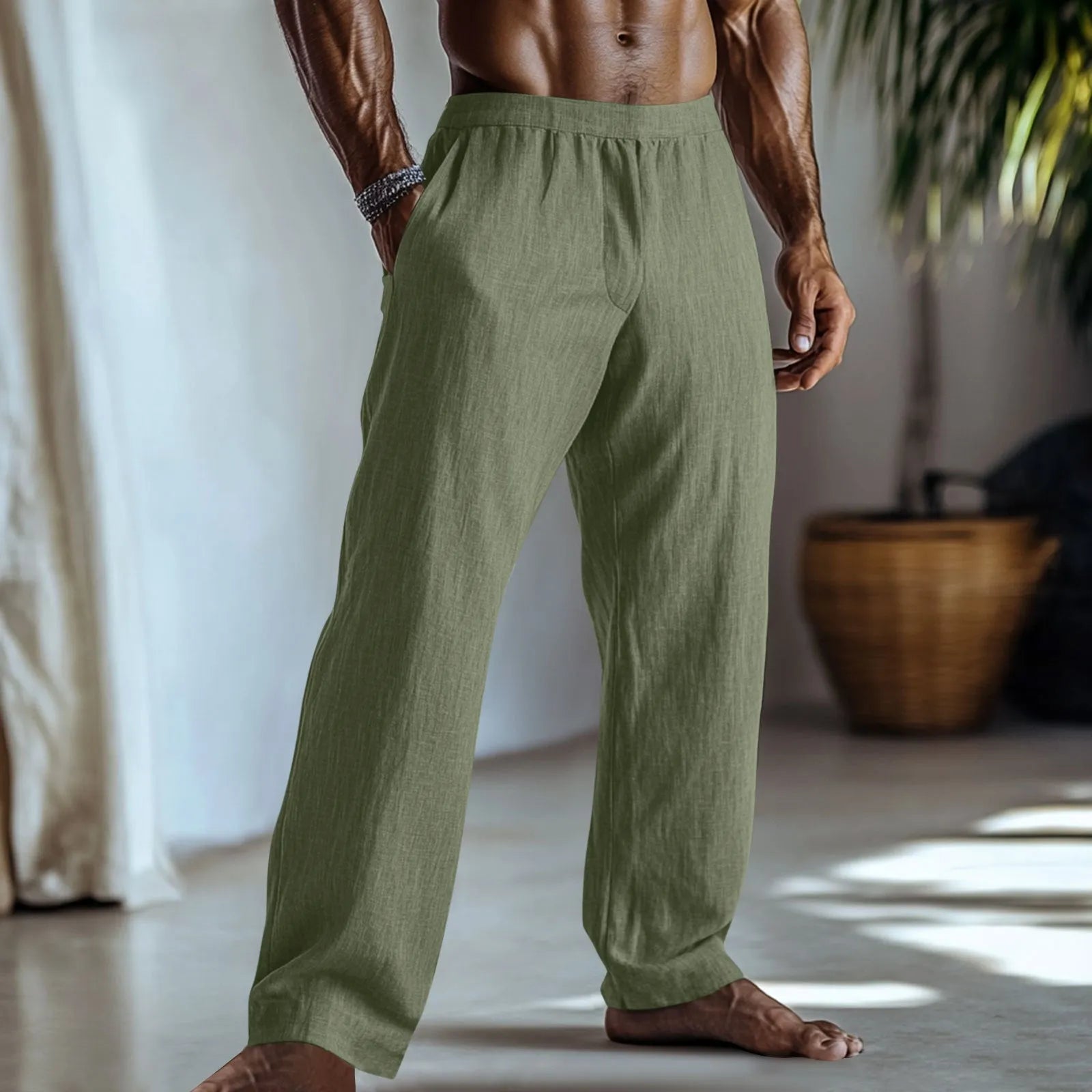 Cotton and linen straight leg casual trousers in light green colour with visible pockets