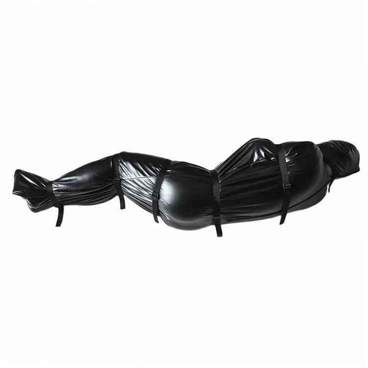 Black patent leather bondage set showing full-body restraint wrap and six ratchet tie-down pieces