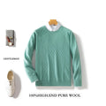 Men's round neck solid colour jacquard sweater loose fit long sleeve pullover in bean green