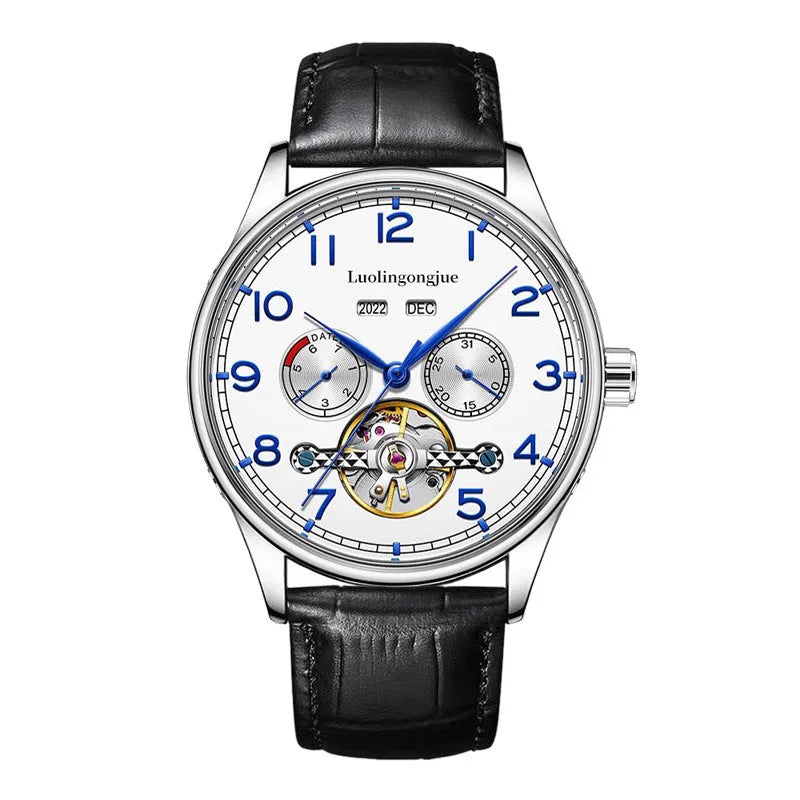Men's stainless steel mechanical business watch with sapphire crystal and leather strap