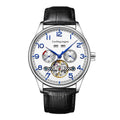 Men's stainless steel mechanical business watch with sapphire crystal and leather strap
