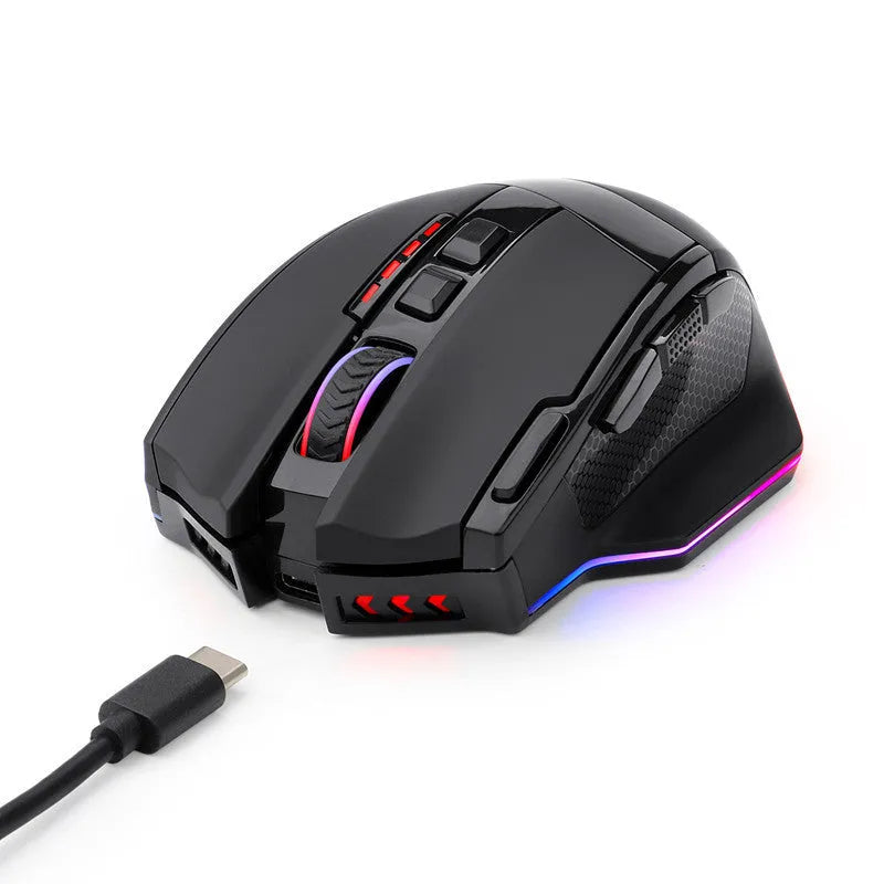 Black Redragon M801P wireless gaming mouse showing nine buttons and dual-mode connectivity options