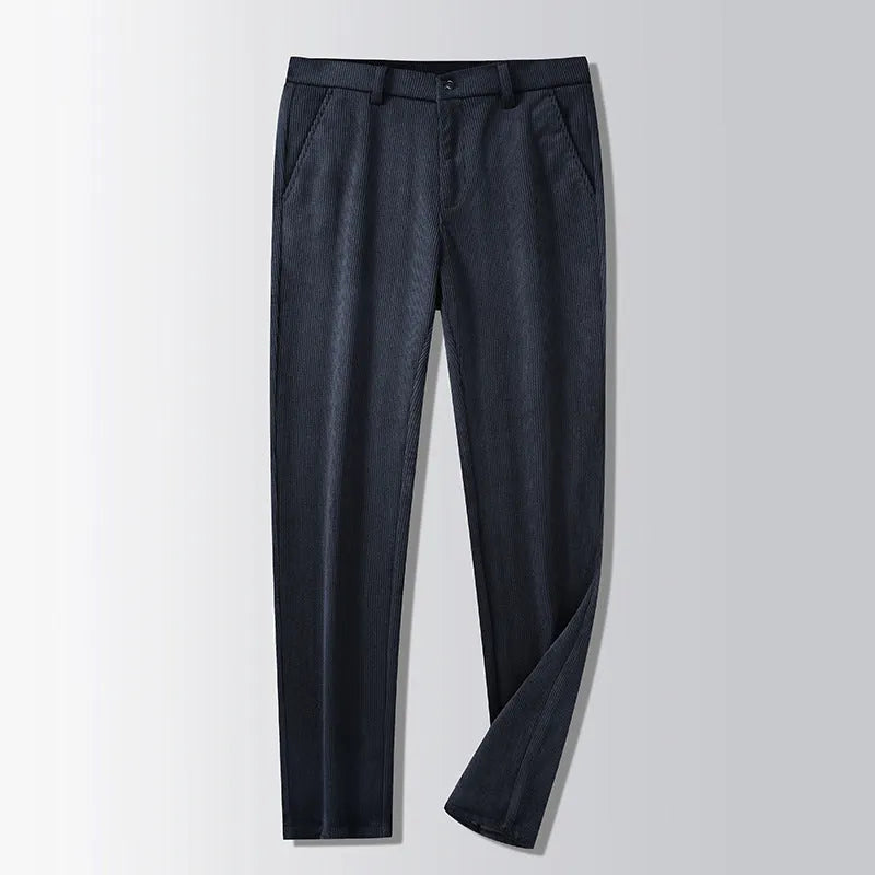 British retro striped straight-leg trousers in a chemical fibre blend, showing zip placket detail.
