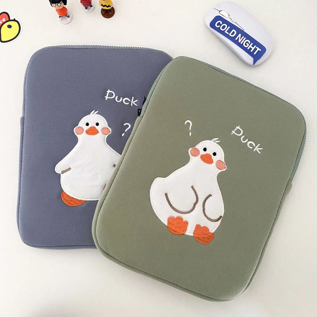 Blue cotton tablet case with duck embroidery design and zipper closure for 11-inch to 16-inch tablets