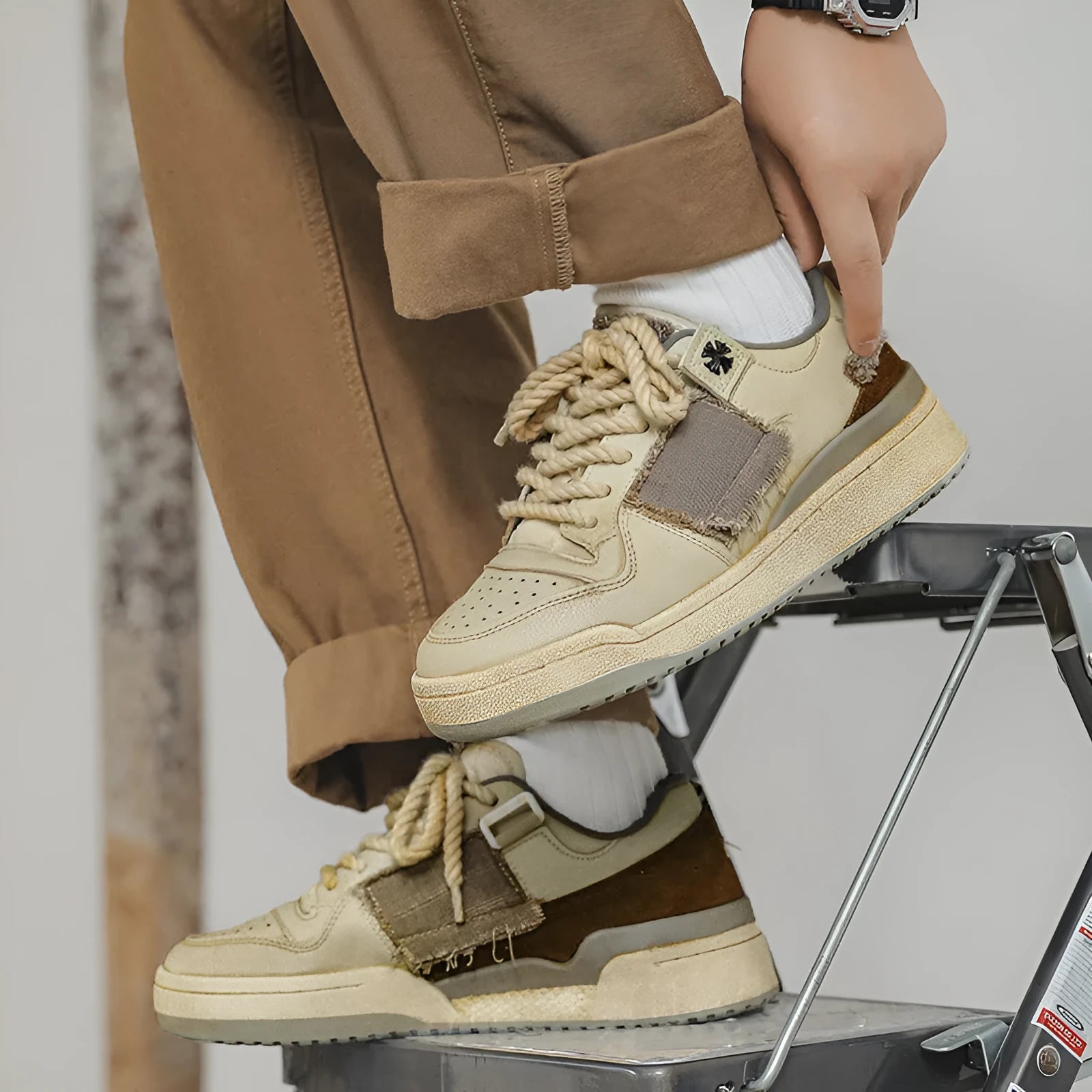 Beige low-top skateboard shoes with microfiber upper and rubber sole on white background