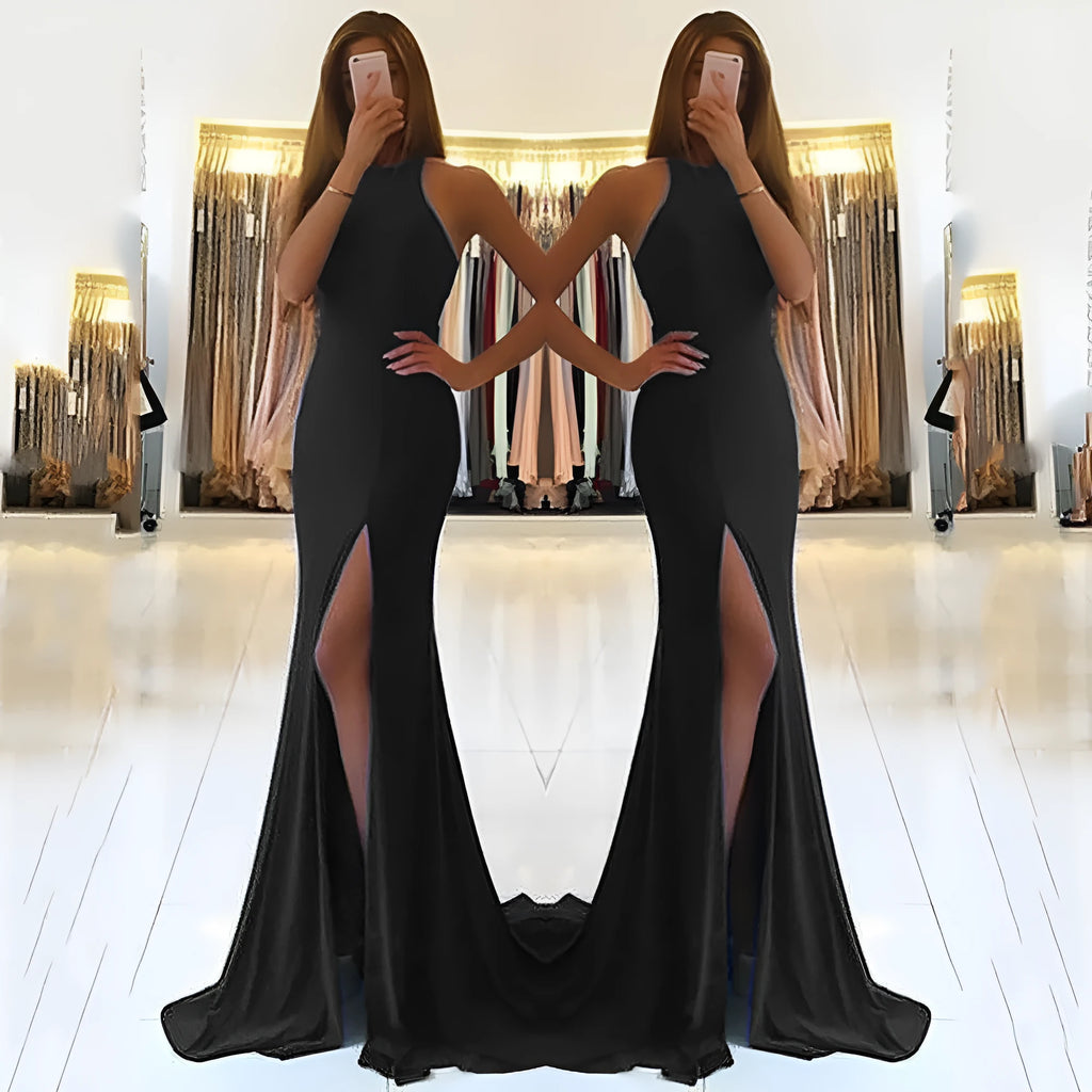 Long red ladies evening dress with high waist and large swing skirt
