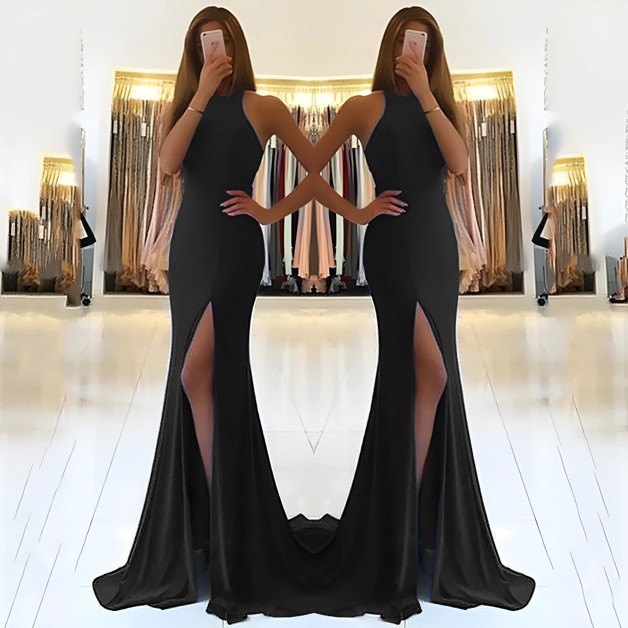 Long red ladies evening dress with high waist and large swing skirt