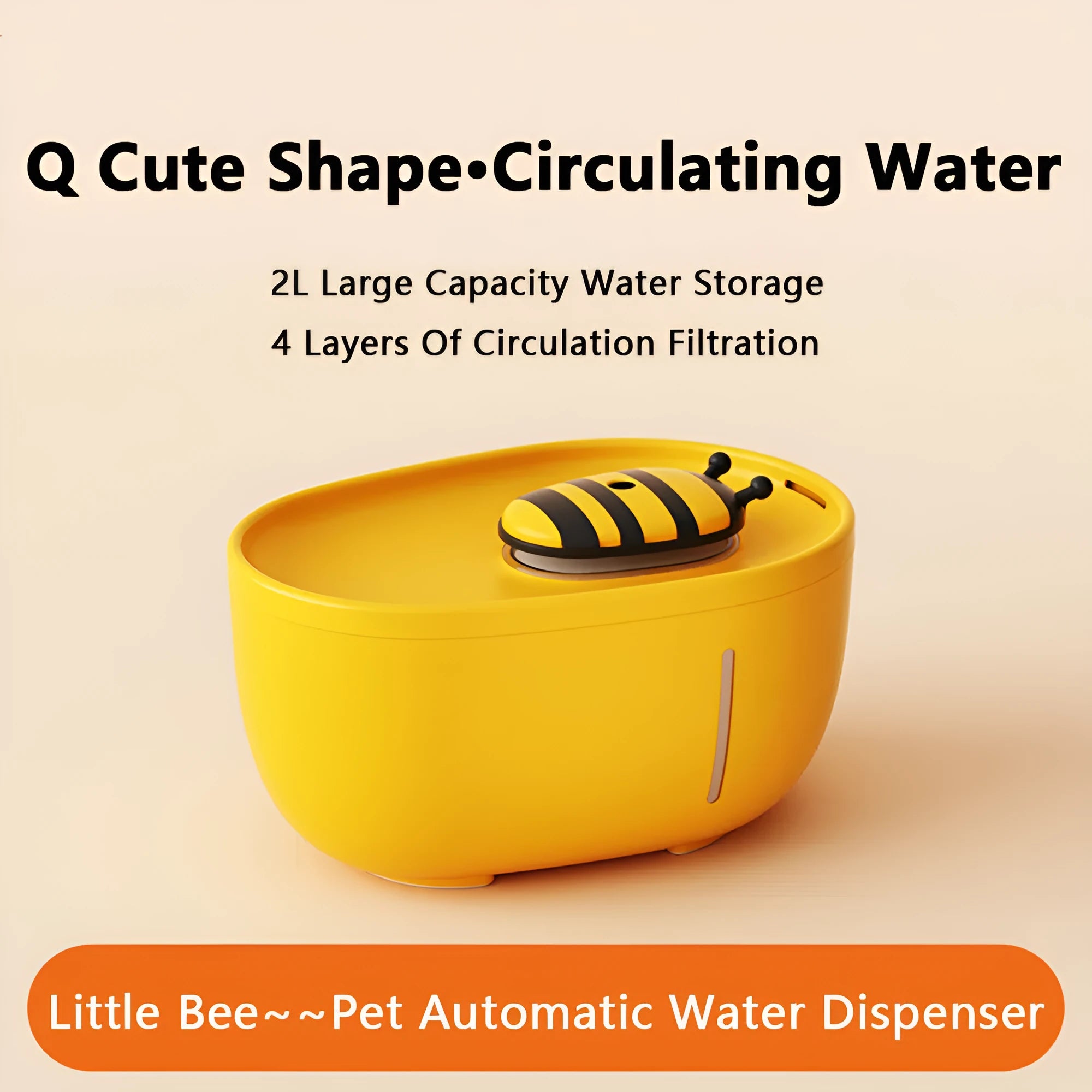 Yellow automatic cat water fountain with filter and silent USB pump on anti-slip base.