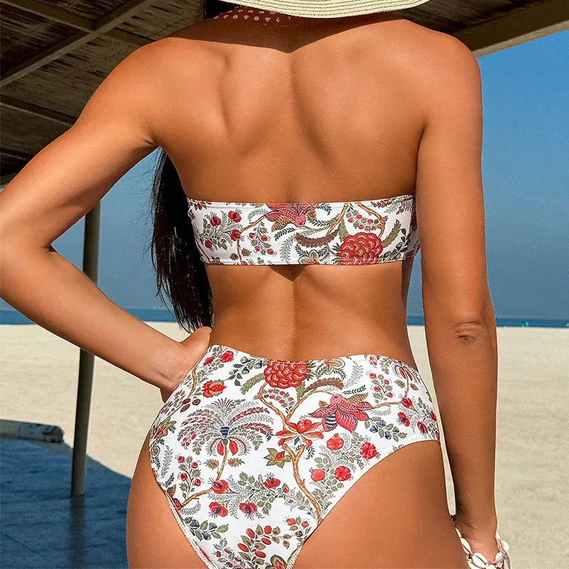 Women's printed bandeau swimsuit with triangle top and matching shorts for swimming