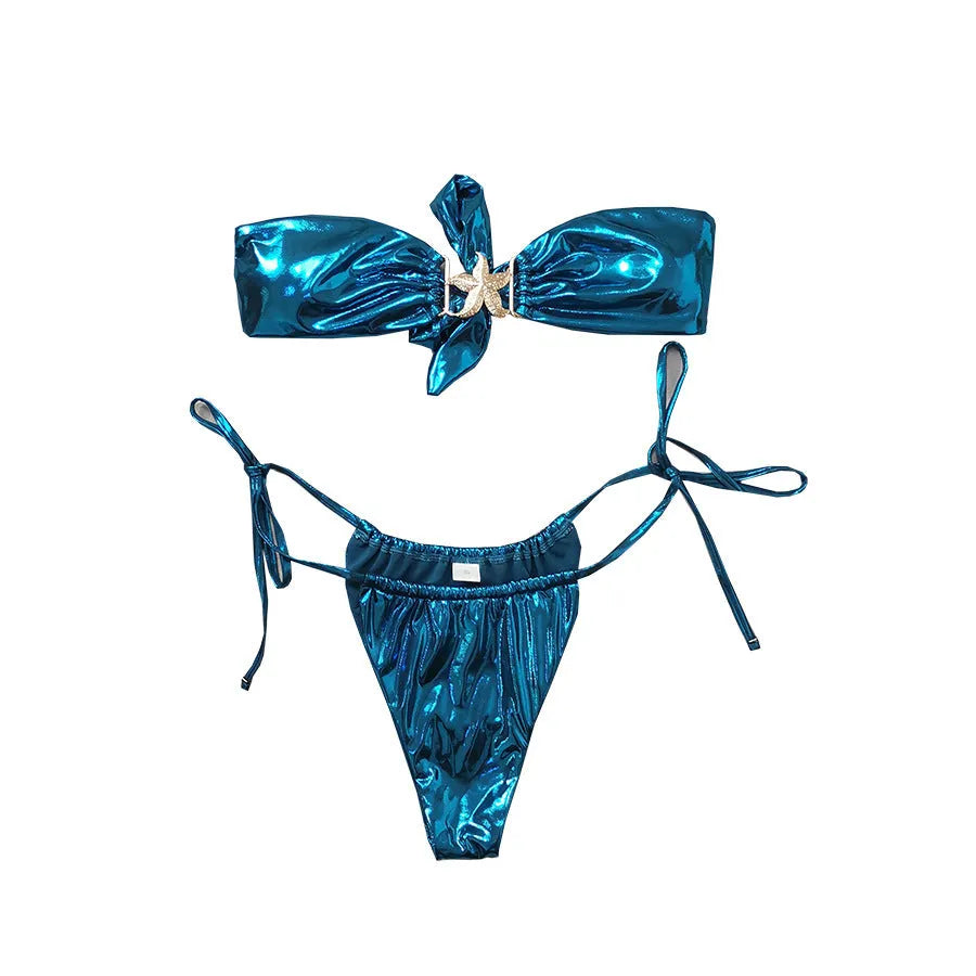 Women's glossy sapphire blue tube top bikini with long sleeves and backless briefs.