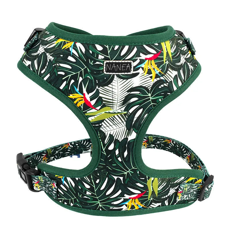 Adjustable cloth vest dog harness and lead six-piece set with collar, bow tie, scarf, and waste bag dispenser.