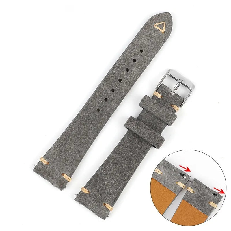 Genuine suede leather watch strap shown in brown, blue, gray, and Army Green colours for 20mm and 22mm watches.