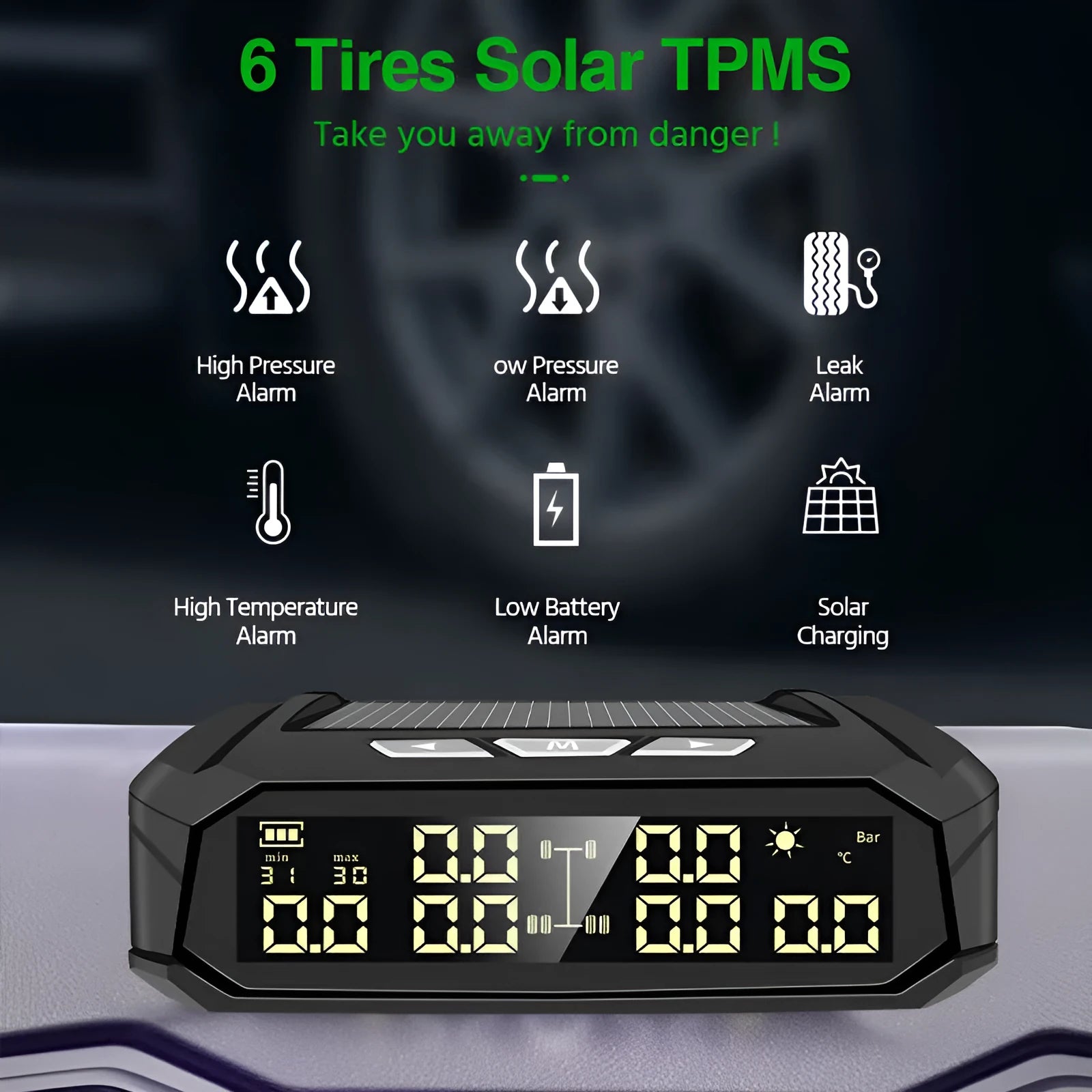 Solar-powered tire pressure monitor display unit with colour screen next to six external sensors