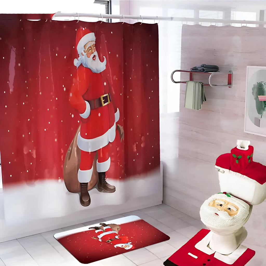 Christmas bathroom set with Santa design including toilet seat cover, floor mat, and shower curtain