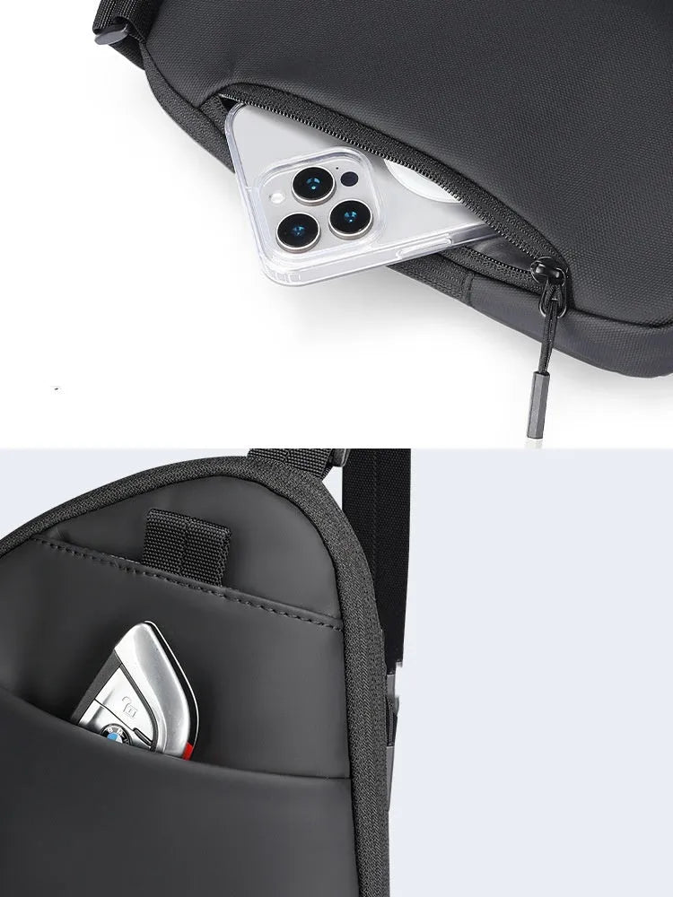 Men's elegant black Oxford cloth crossbody bag with sewing thread details