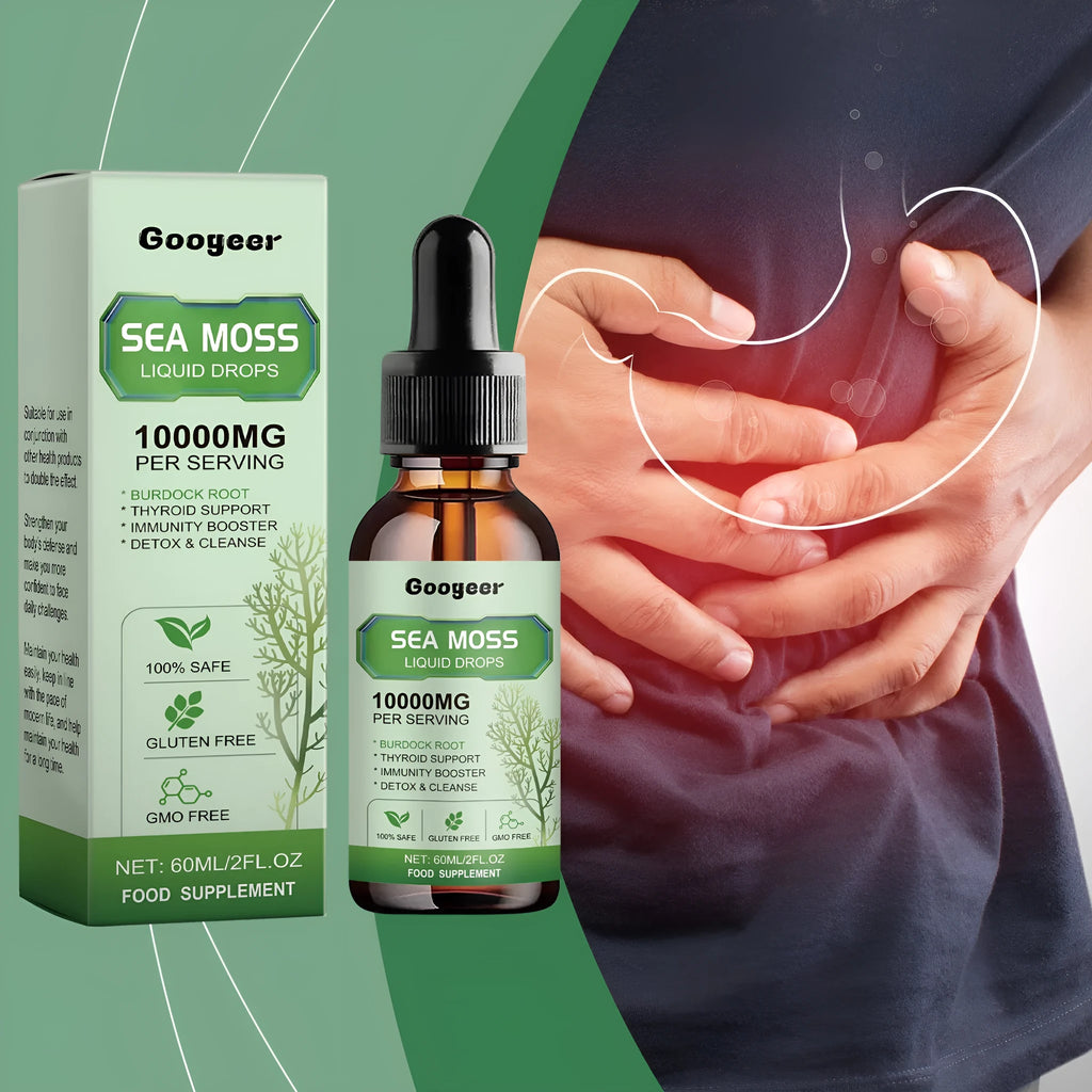 Googeer sea moss liquid drops body treatment 60ml bottle measuring 3.3cm by 3.3cm by 12cm